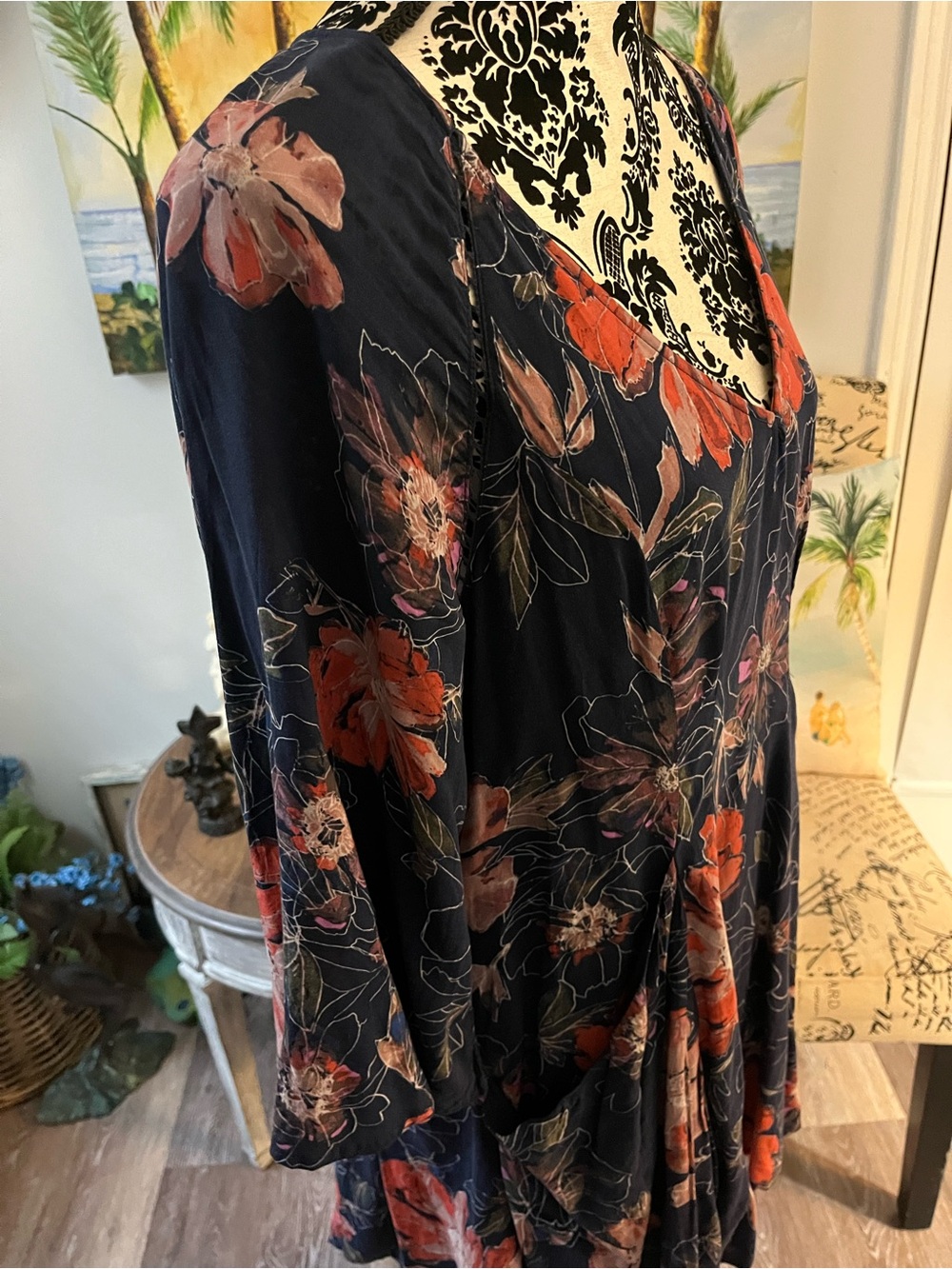 Free People Size 12 Navy Floral Midi Dress w/ Pockets & Bell Sleeves